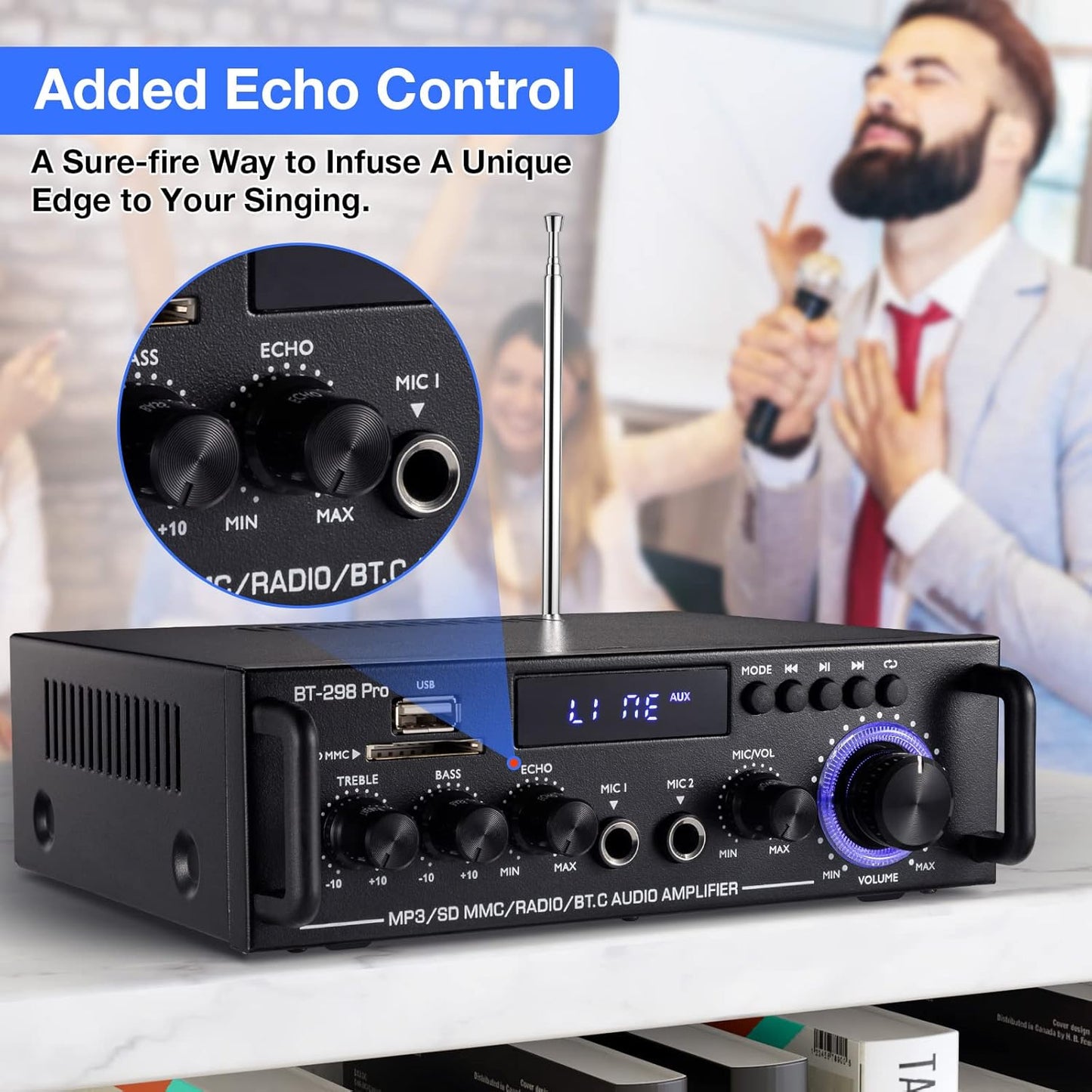 BT-298 Pro Bluetooth 5.0 HiFi Pojačalo 400W×2 – Stereo Audio Risiver sa Mikrofonom, USB, FM i Eho Efektom