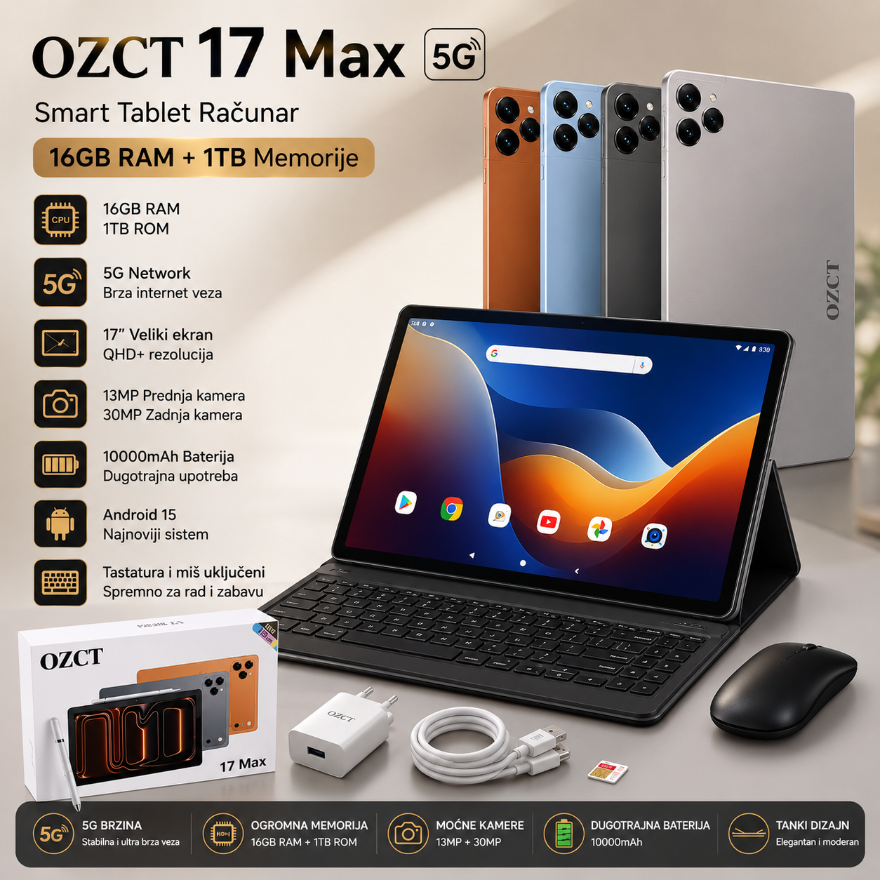 17 Max 5G Tablet 16GB RAM + 1TB Memorija – Android Tablet sa Tastaturom i Olovkom