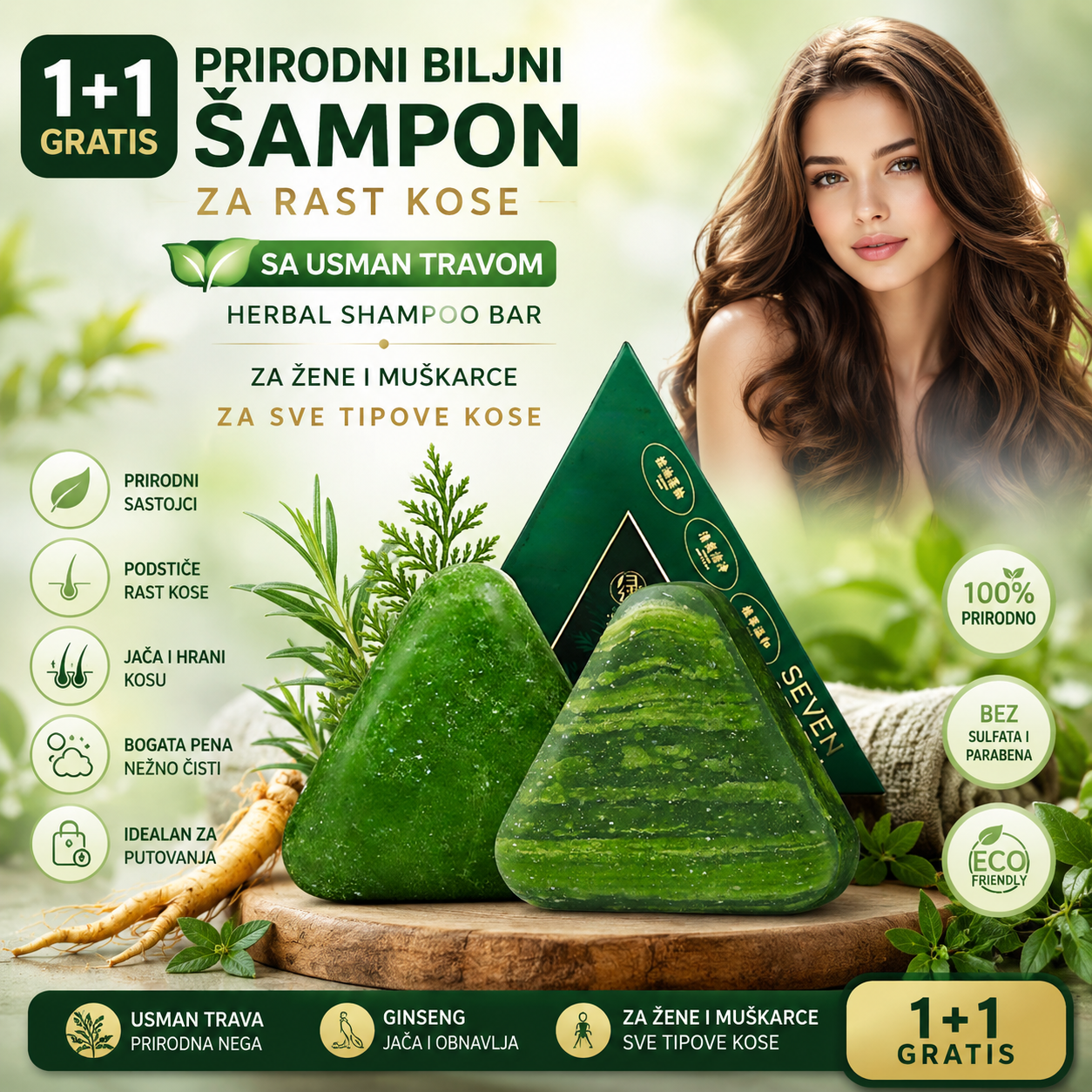 1+1 GRATIS Prirodni Biljni Šampon za Rast Kose sa Usman Travom – Herbal Shampoo Bar za Žene i Muškarce za Sve Tipove Kose