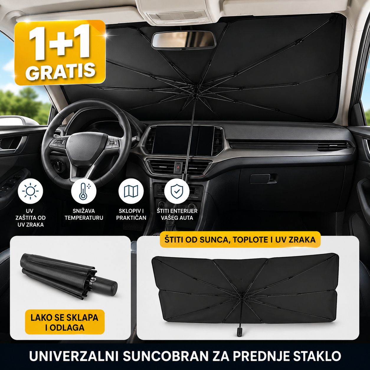 1+1 GRATIS Suncobran za Auto Šoferšajbnu – Univerzalna UV Zaštita za Prednje Staklo