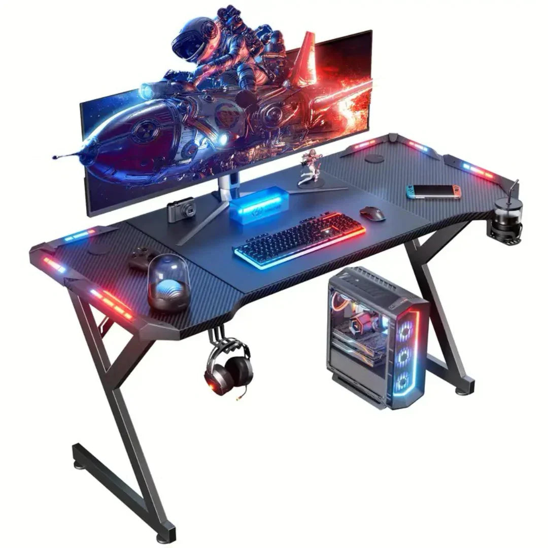 LED RGB Gejmerski Sto – Gaming Sto sa Osvetljenjem, Držačem za Slušalice i Čašu