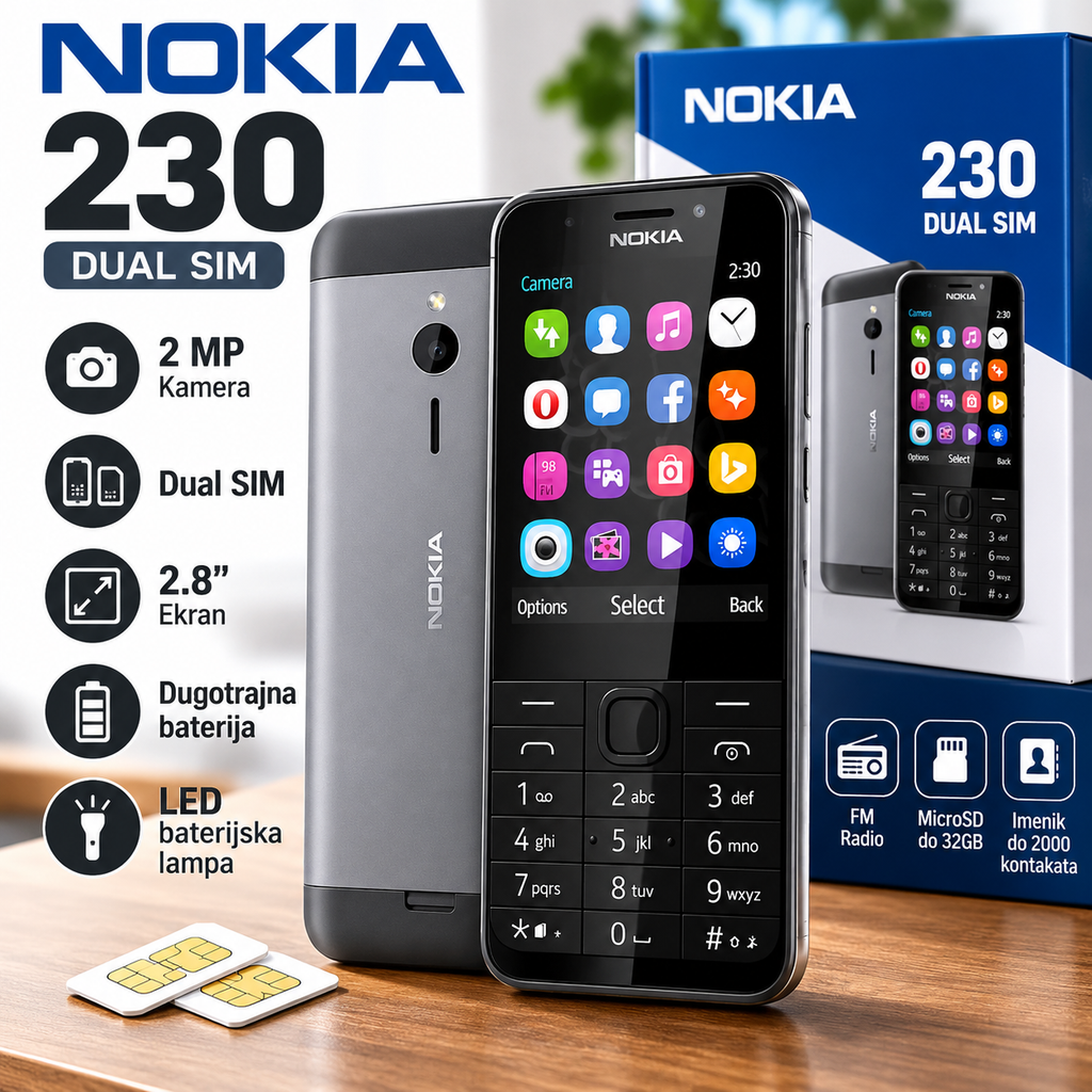 Nokia 230 Dual SIM – Klasični Mobilni Telefon sa Tastaturom, Kamerom i FM Radiom