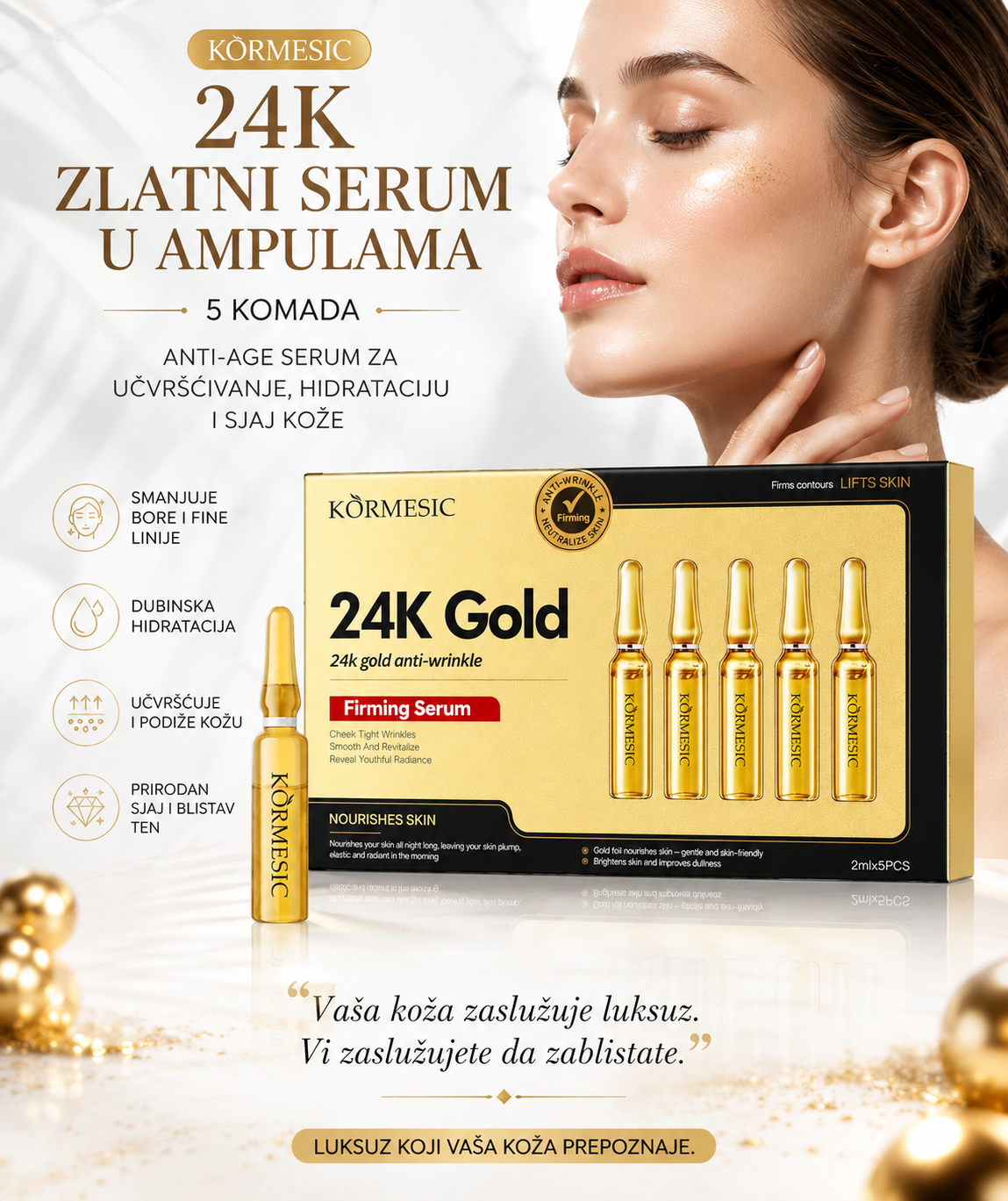 24K Zlatni Serum u Ampulama (5 Komada) – Anti-Age Serum za Učvršćivanje, Hidrataciju i Sjaj Kože