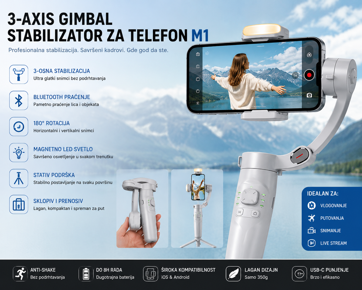 M1 3-Osni Gimbal za Telefon – Stabilizator sa Bluetooth Praćenjem, LED Svetlom i Stativom