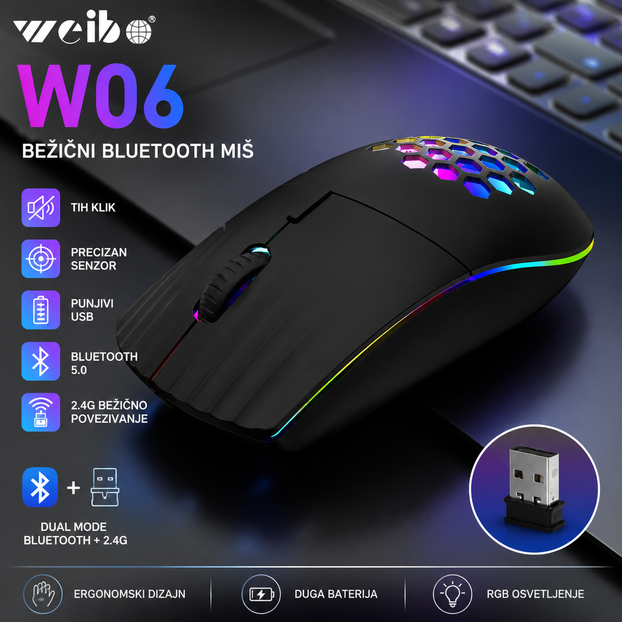 Weibo W06 Bežični Bluetooth Miš – USB Punjivi, Precizan i Moderan Dizajn
