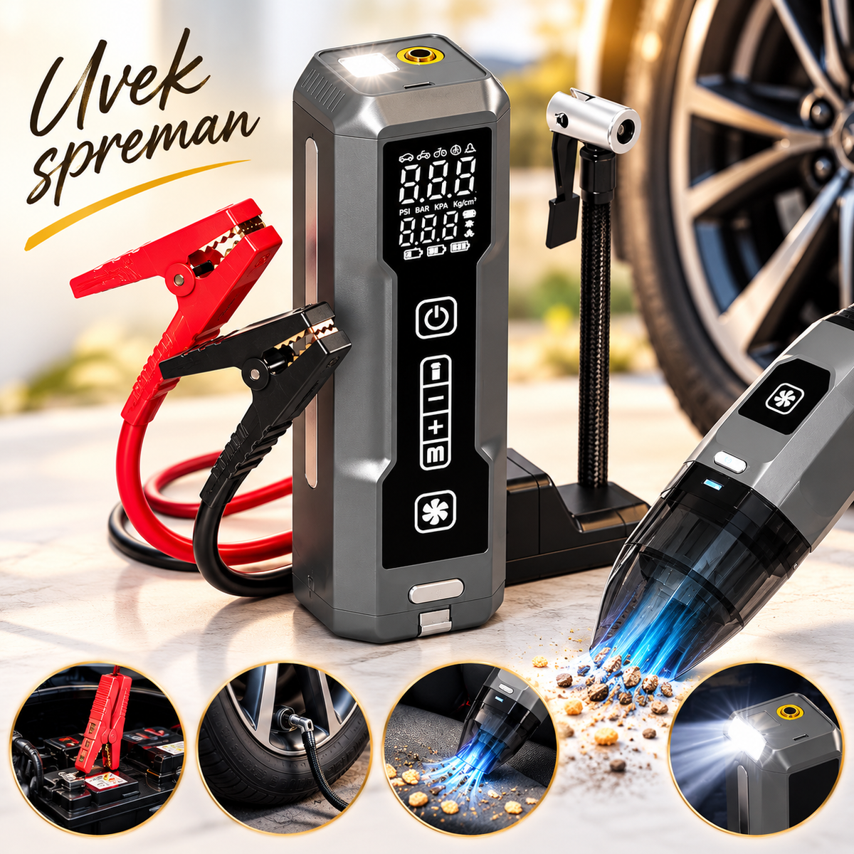 4u1 Starter za Auto sa Kompresorom, Usisivačem i LED Lampom – Prenosivi Booster za Akumulator