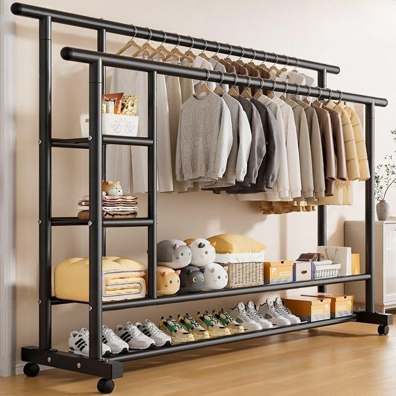 Garderober na točkićima 1.5 m – metalni stalak za odeću sa duplim stalkom i policom