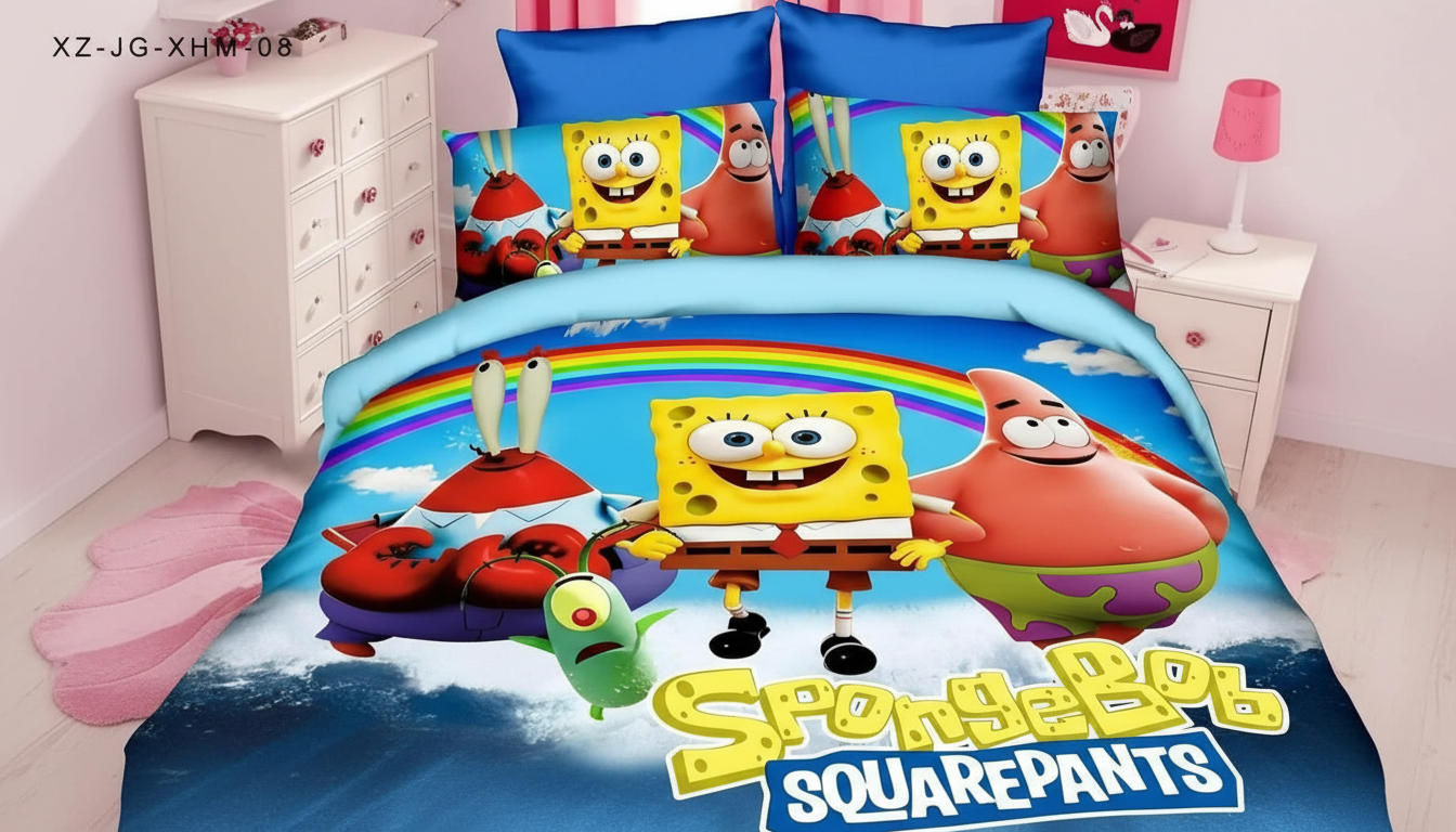 Sunđer Bob 5D Dečija Posteljina – 3D Set sa Likovima iz Crtanog Filma za Dečiju Sobu