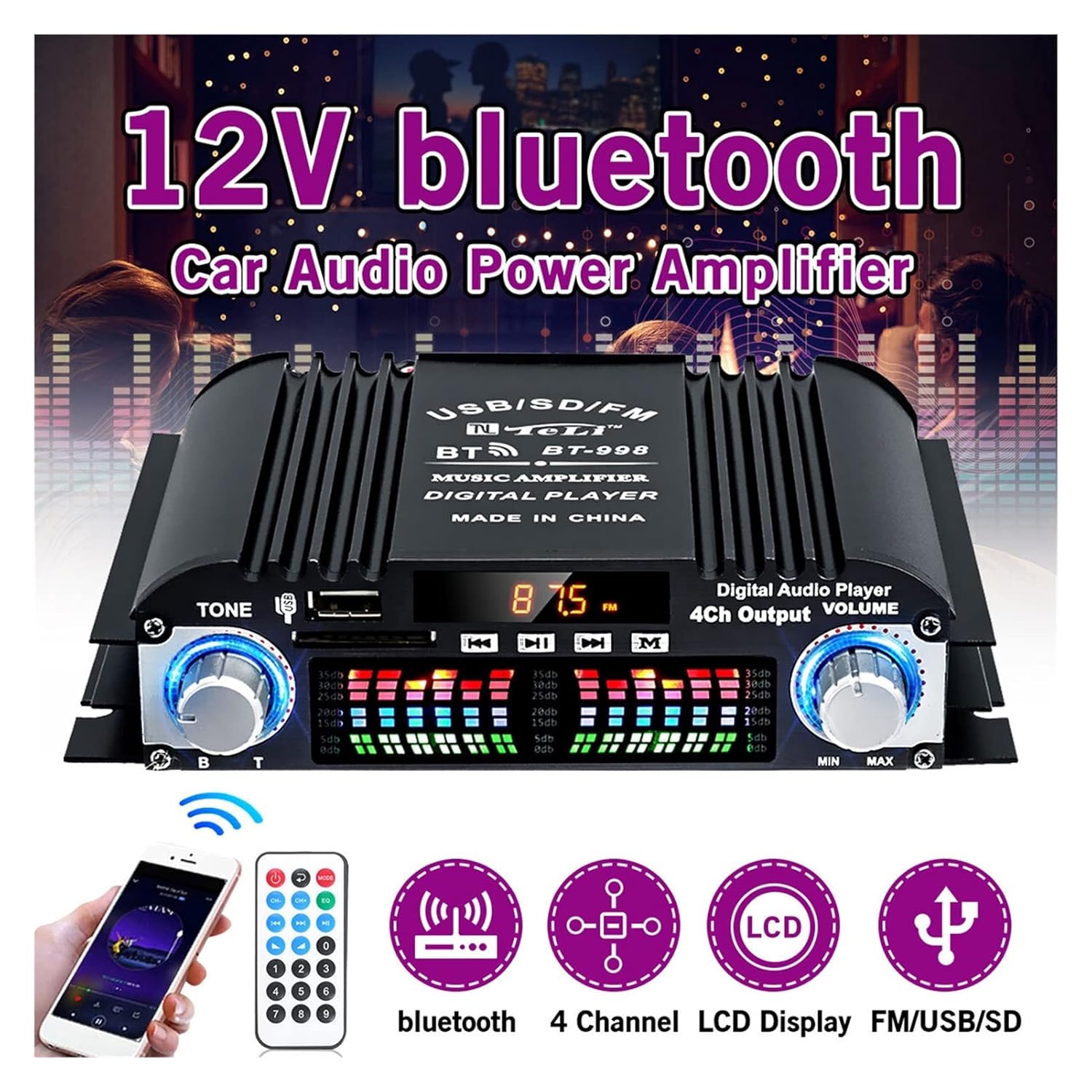 BT-998 FM radio bluetooth pojacalo 160W  4x40W sa 4 izlaza