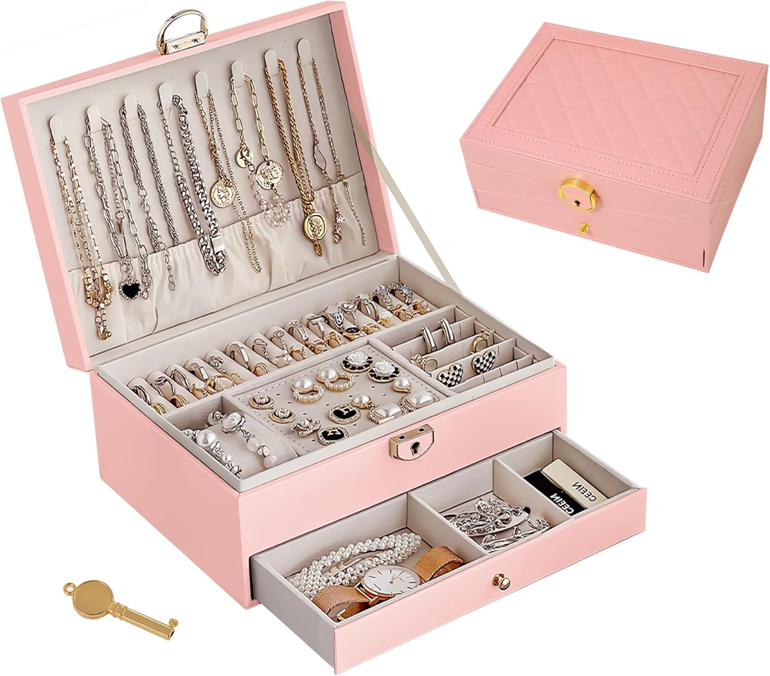 Organizator za Nakit sa 3 Nivoa – Elegantna Kutija od PU Kože sa Brave i Uklonjivim Pregradama za Odlaganje Nakitа