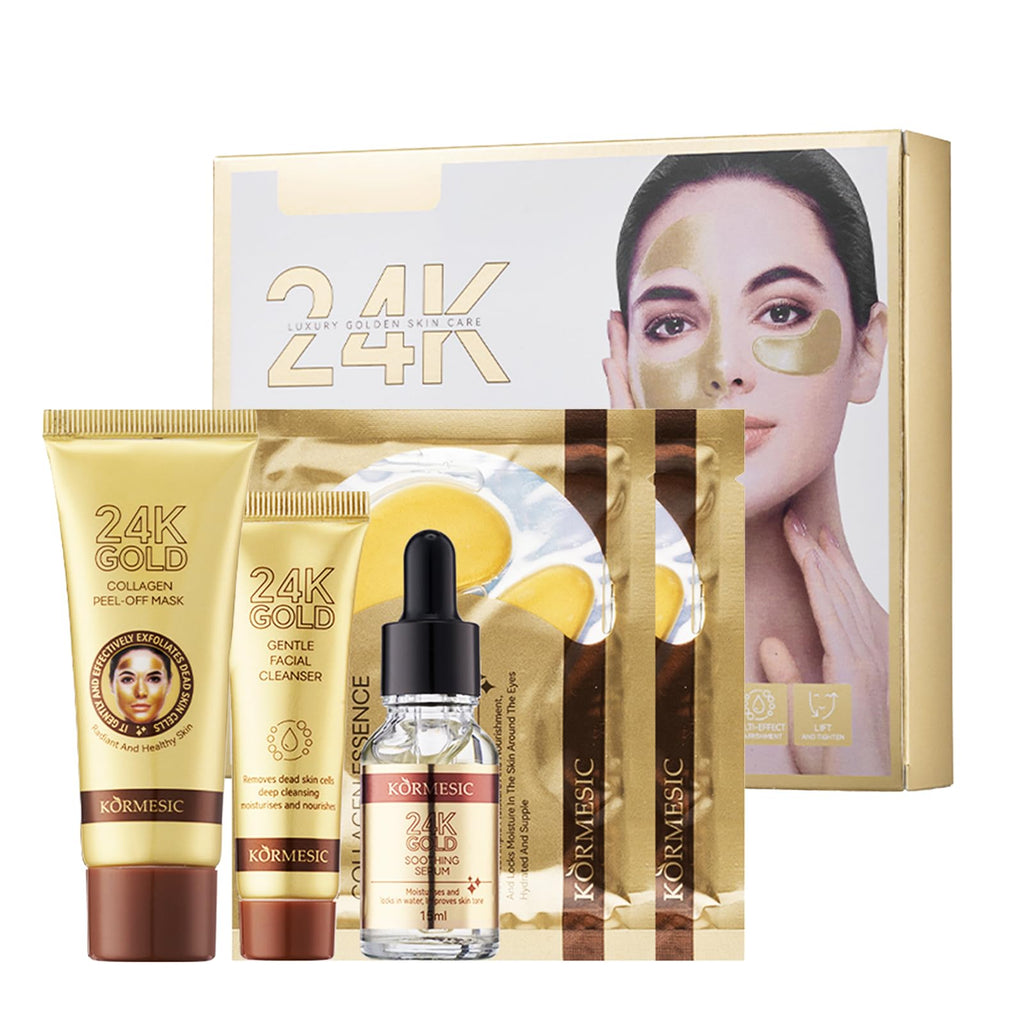 24K Zlatni Set za Negu Lica – Serum, Čistač, Peel-Off Maska i Maska za Oči za Hidrataciju, Protiv Bora i Čišćenje Pora