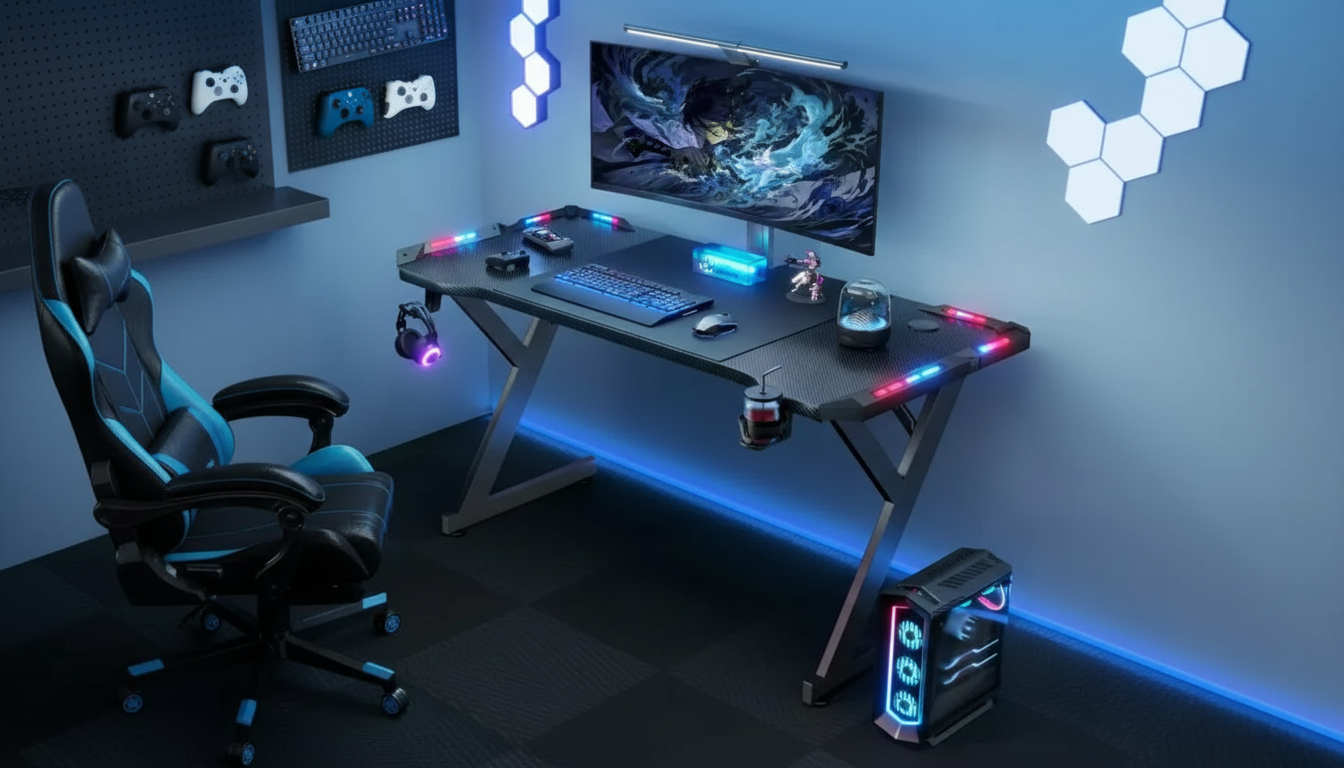 LED RGB Gejmerski Sto – Gaming Sto sa Osvetljenjem, Držačem za Slušalice i Čašu