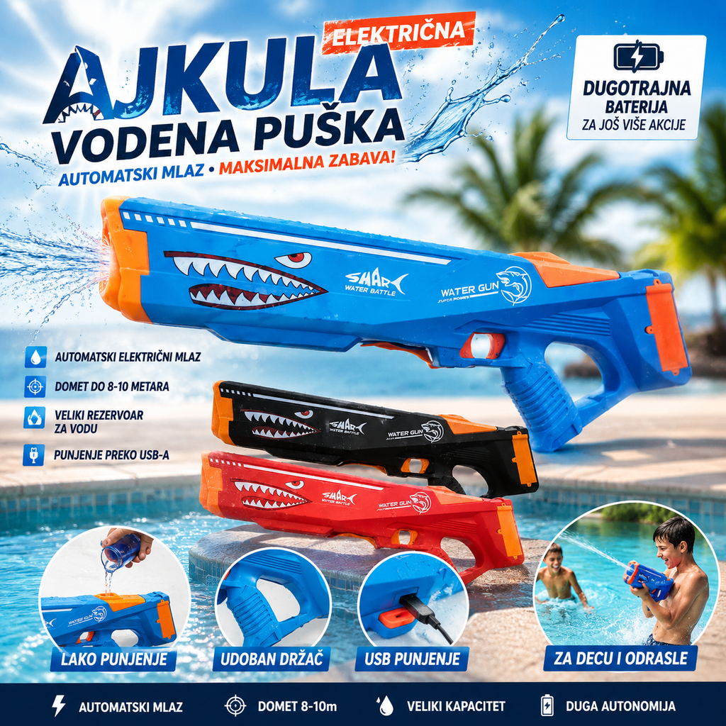 Električna Vodena Puška Ajkula – Automatski Vodeni Pištolj sa Punjenjem na USB