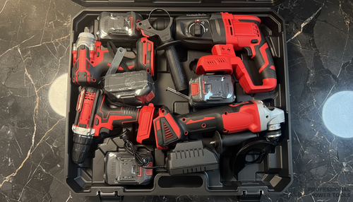 Set of red and black power tools in a black tool case on a marble surface