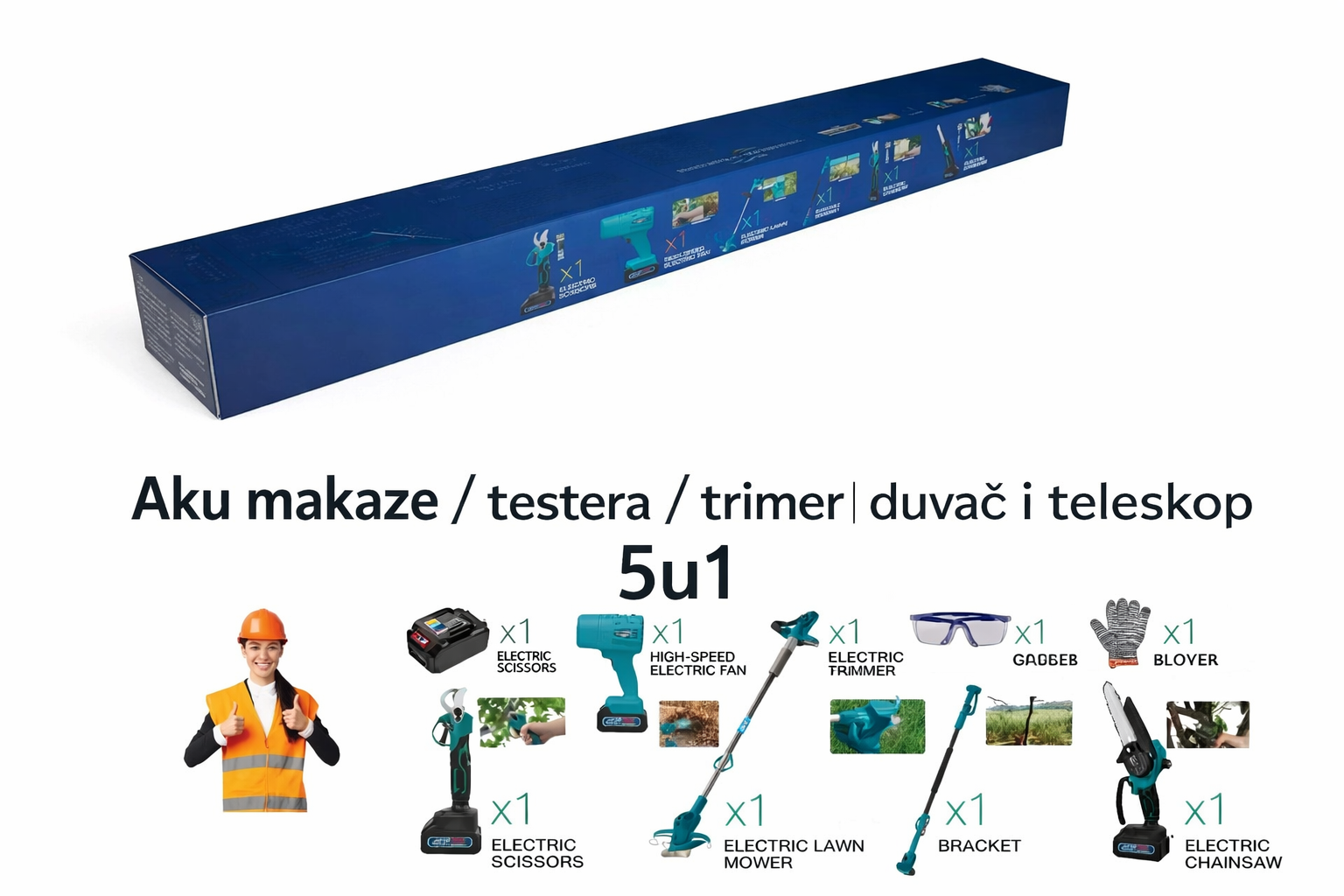 Aku Baštanski Alat 5u1 – Makaze, Testera, Trimer, Duvač + Teleskopska Drška
