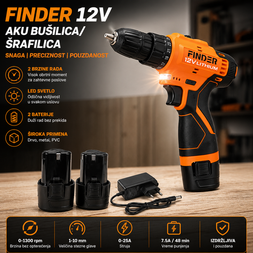 Aku Bušilica 12V Finder – 2 Brzine, 2 Baterije, LED Svetlo | Profesionalna Šrafilica za Kuću i Majstore