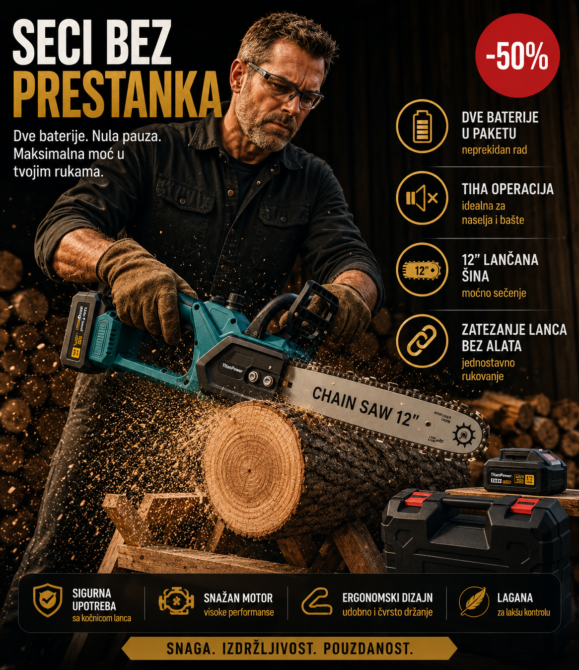Bežična Lančana Testera 128V sa 2 Baterije – Kompaktna Testera za Drvo i Grane