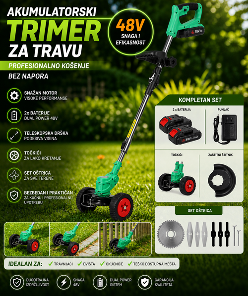 Aku trimer sa točkovima dve baterije 48v