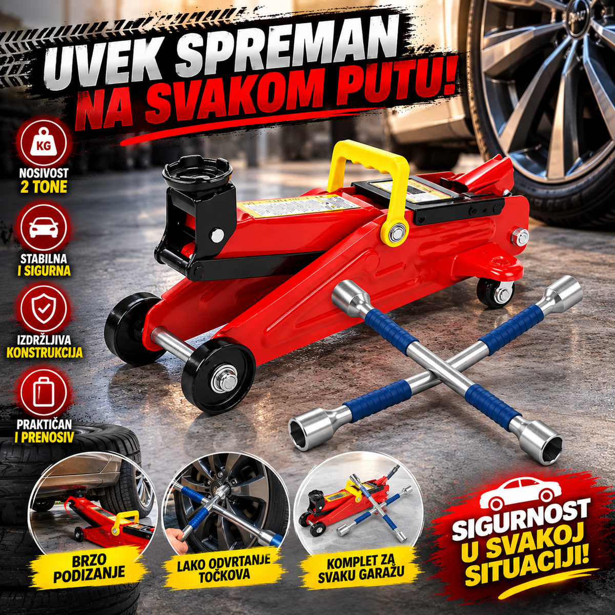 Hidraulična Dizalica za Auto Krokodil 2T + X Ključ za Točkove – Set za Zamenu Guma