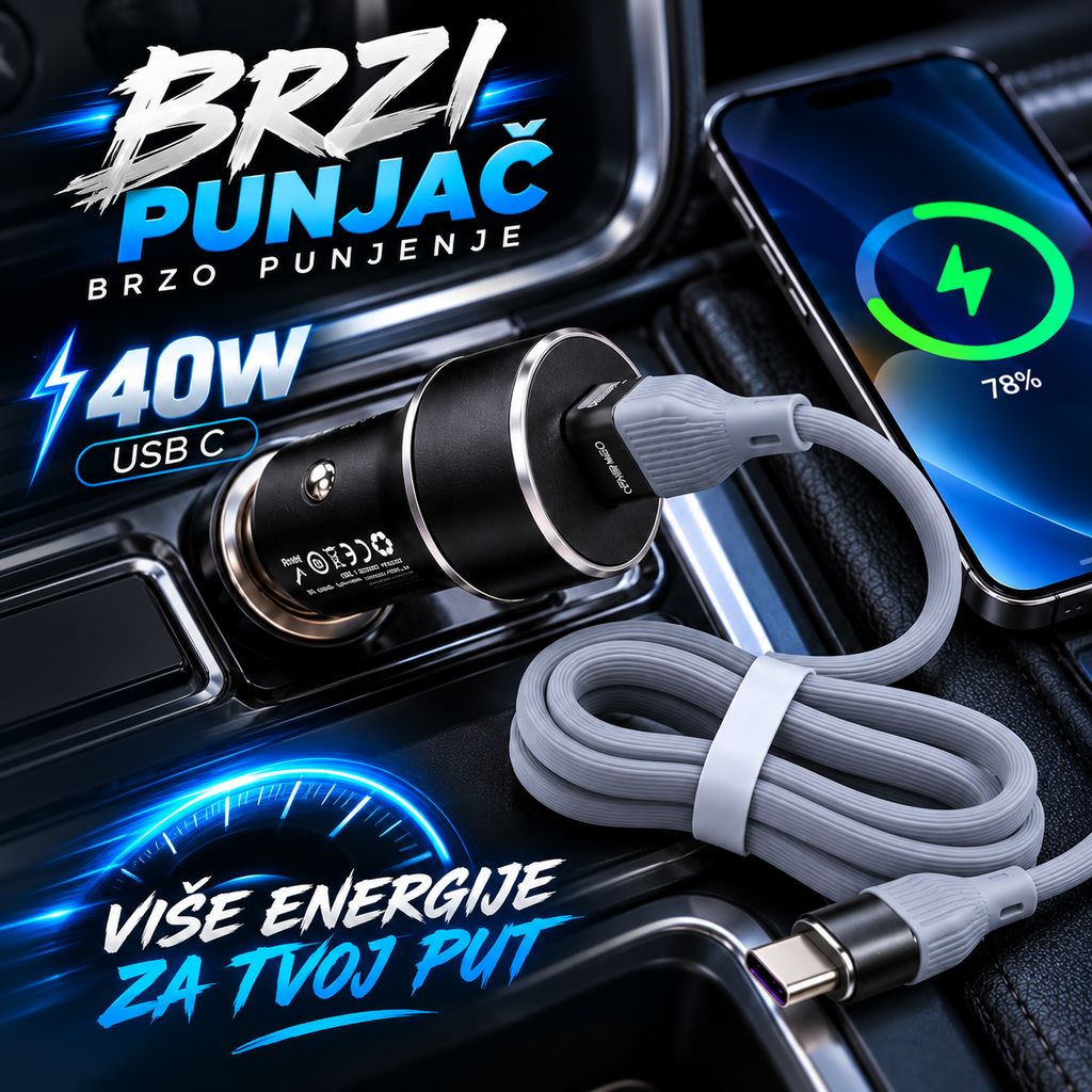 Auto Punjač 40W USB-C sa Kablom – Brzi Punjač za Automobil 12V