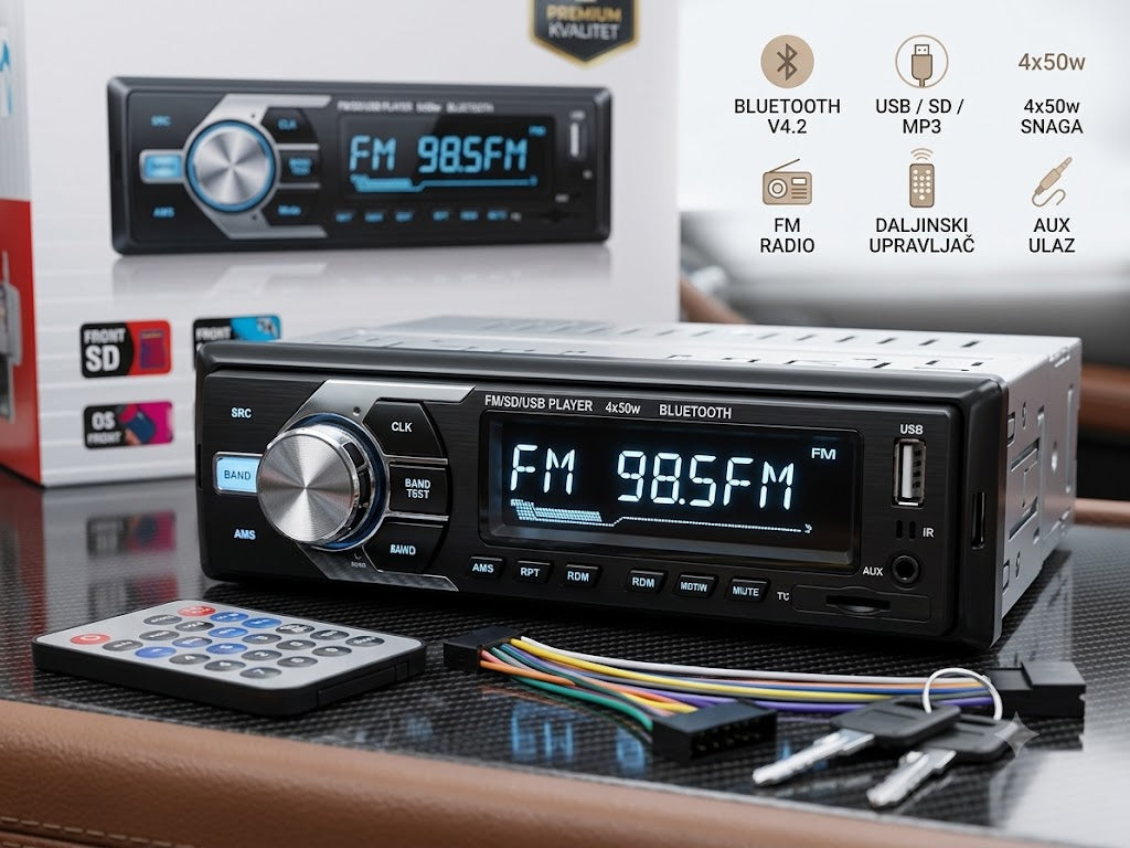 Bluetooth Auto Radio 4x50W – MP3 Plejer sa USB, SD Karticom, AUX i FM Radiom