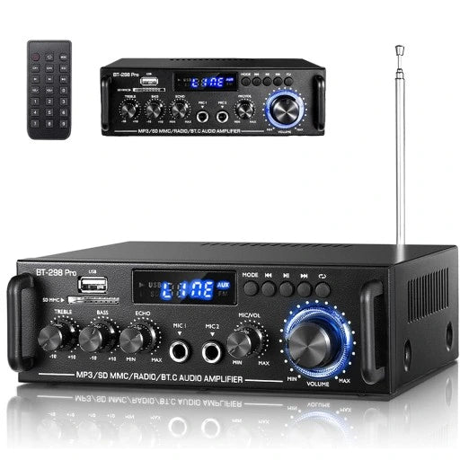 BT-298 Pro Bluetooth 5.0 HiFi Pojačalo 400W×2 – Stereo Audio Risiver sa Mikrofonom, USB, FM i Eho Efektom