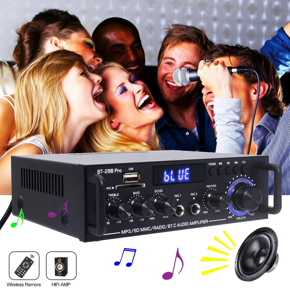 BT-298 Pro Bluetooth 5.0 HiFi Pojačalo 400W×2 – Stereo Audio Risiver sa Mikrofonom, USB, FM i Eho Efektom