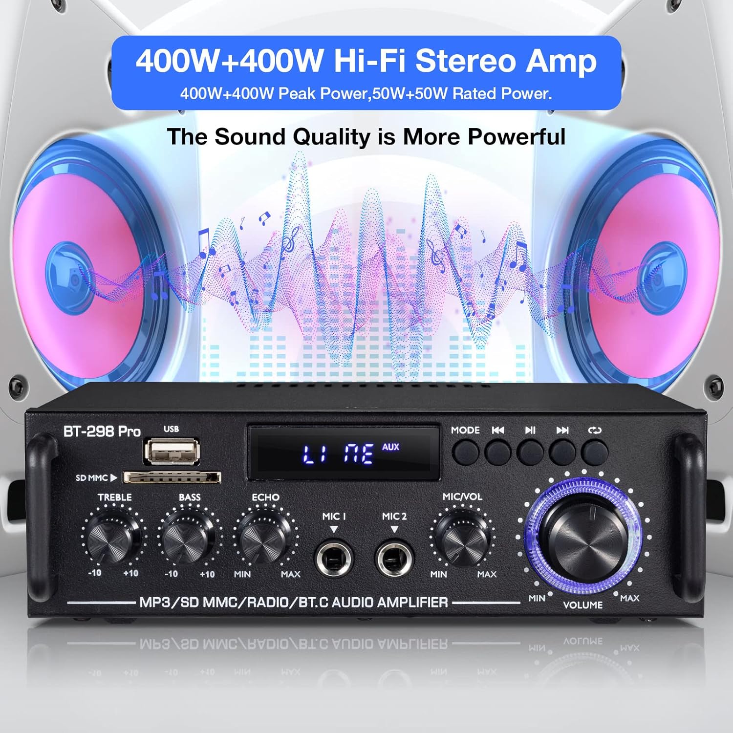 BT-298 Pro Bluetooth 5.0 HiFi Pojačalo 400W×2 – Stereo Audio Risiver sa Mikrofonom, USB, FM i Eho Efektom