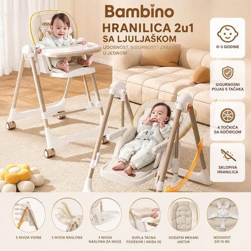 Bambino Hranilica za Bebe i Decu sa Ljuljaškom – Sklopiva Stolica sa Točkićima, Podesivim Naslonom i Tacnom za Hranjenje