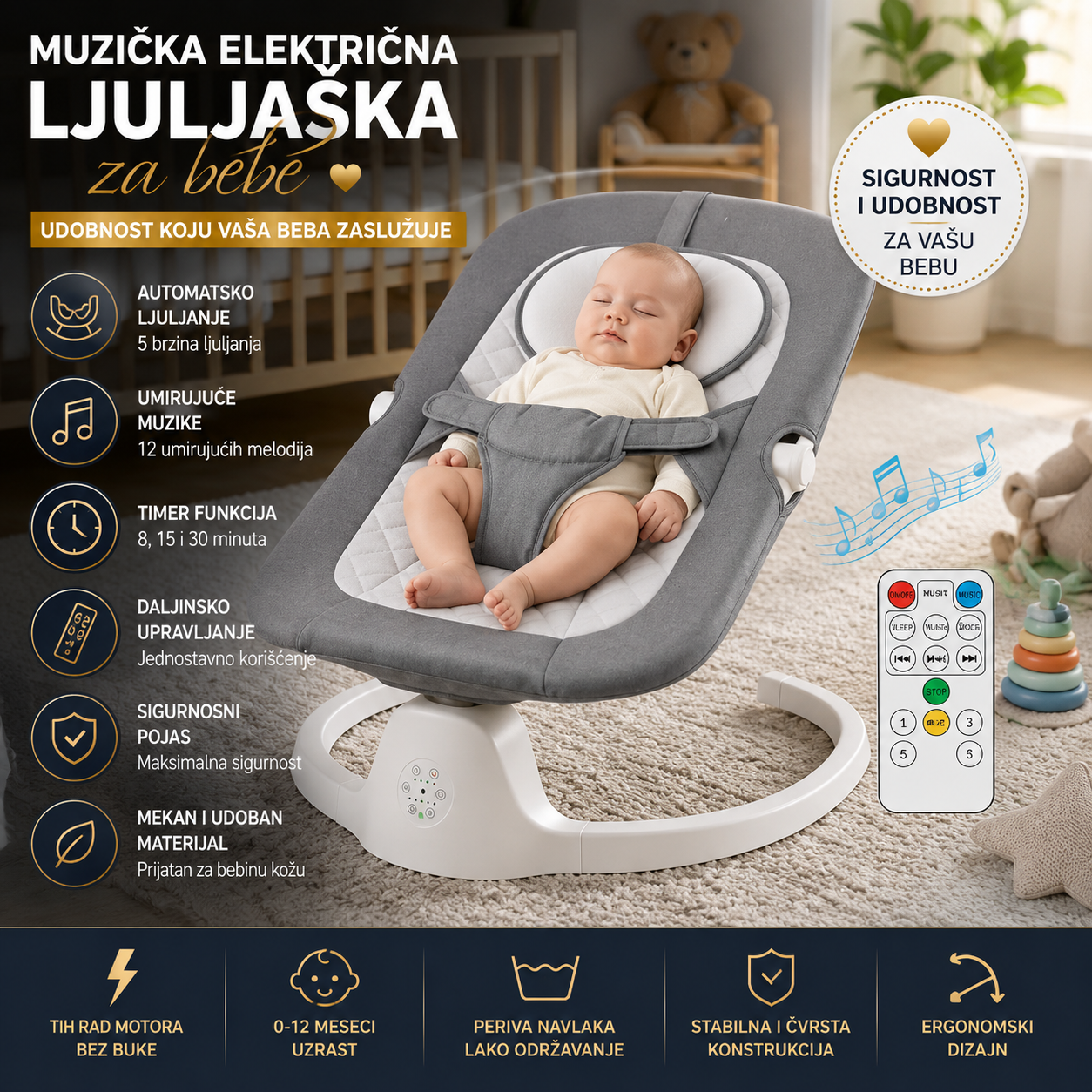 Bebi Muzička Električna Ljuljaška – Automatska Njihalica za Bebe sa Daljinskim Upravljačem i Melodijama