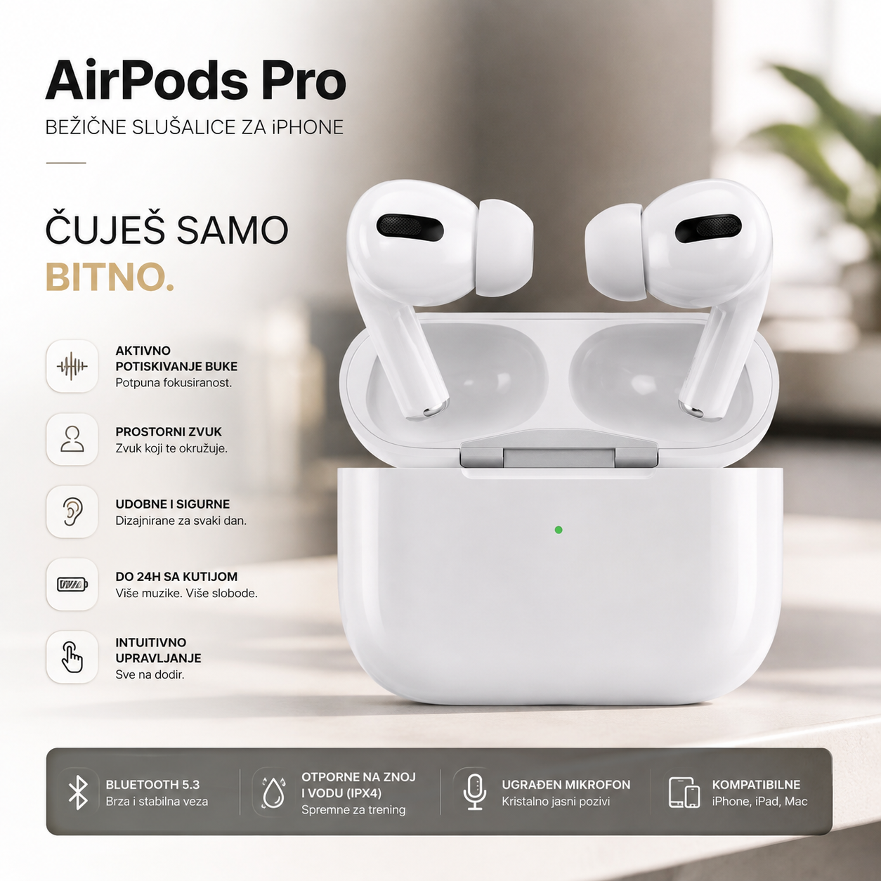Bežične Bluetooth Slušalice za iPhone – AirPods Pro sa Punjivom Kutijom, HD Zvuk i Touch Kontrole