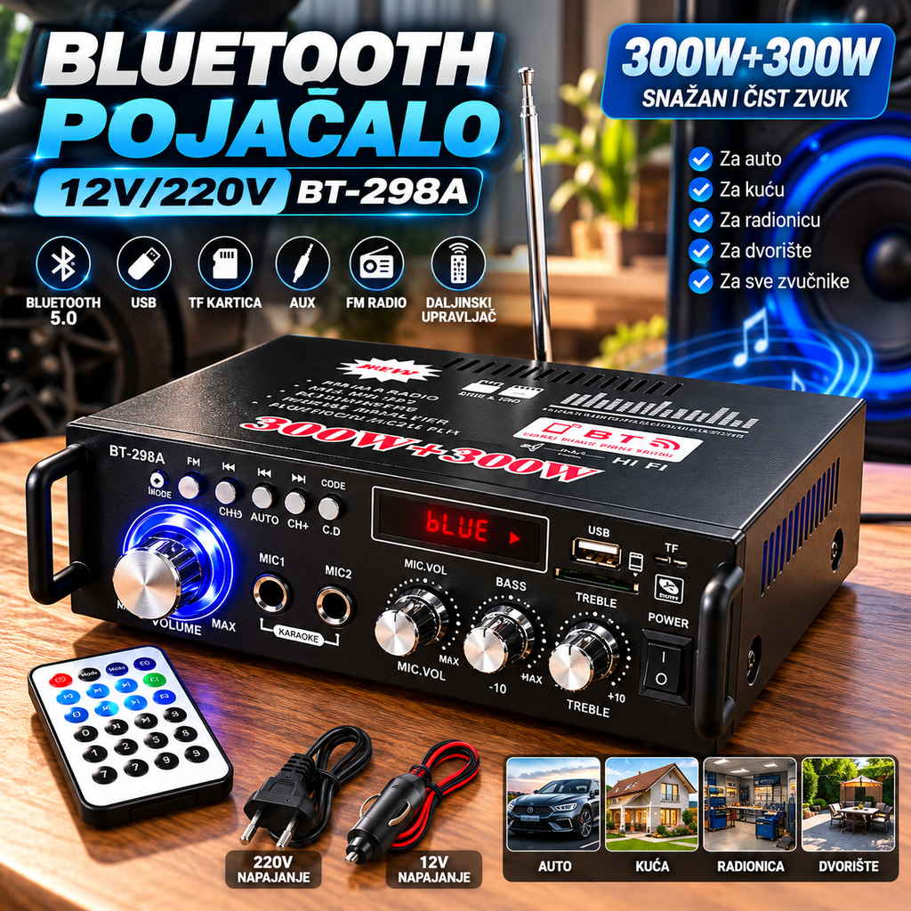 Bluetooth pojacalo za auto 12v/220v BT-298A