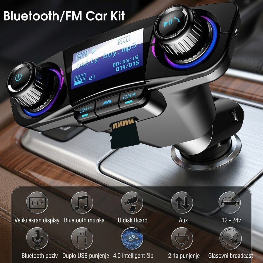 Bluetooth FM Transmiter za Auto sa LCD Displejem – MP3 Plejer, USB Punjač i Handsfree