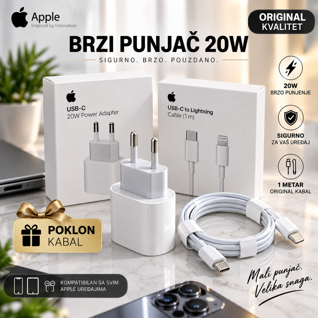 Brzi Punjač 20W sa Originalnim Kablom na Poklon – Fast Charger za Telefon, USB Brzo Punjenje