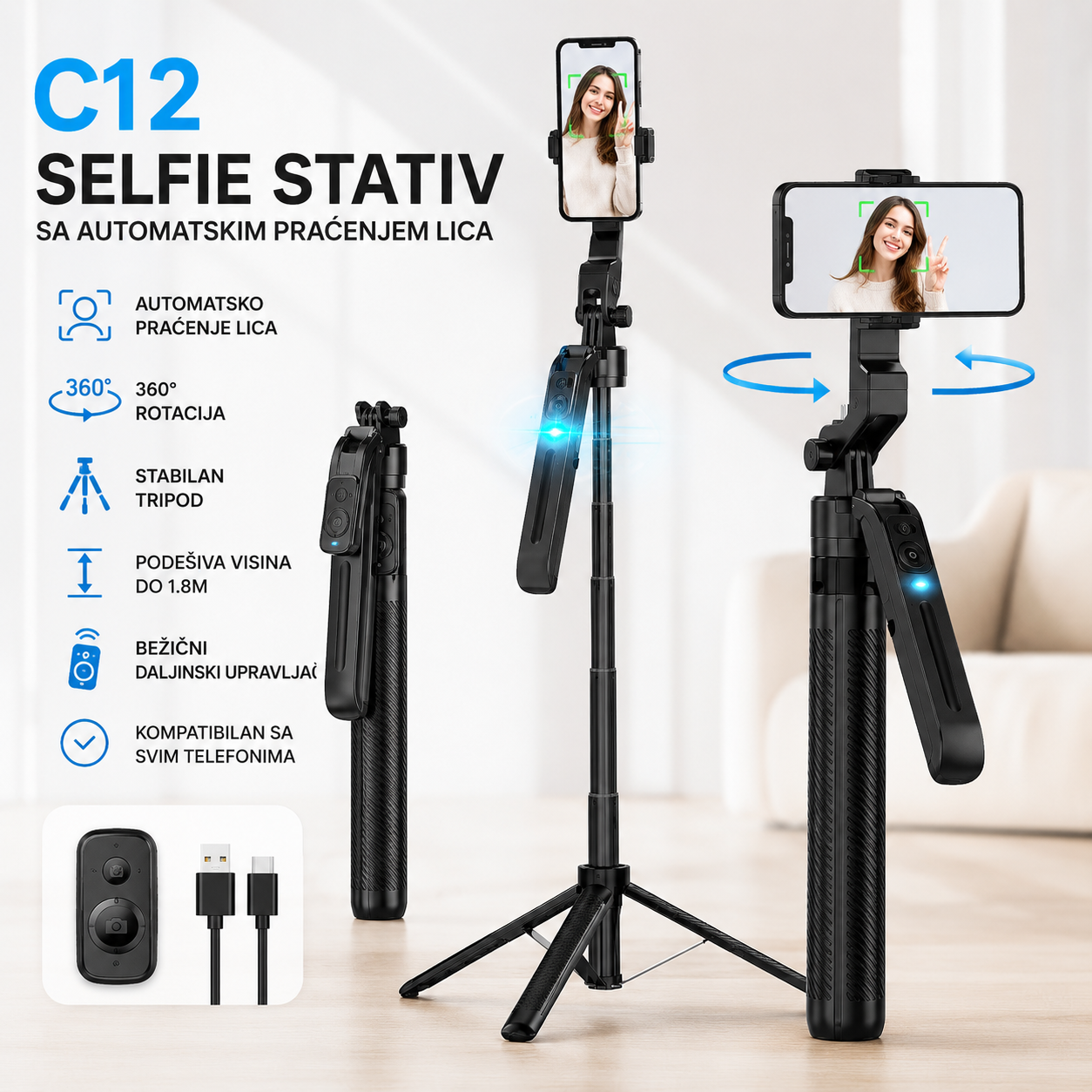 C12 Selfie Štap sa Tripodom 1.8M i Auto Face Tracking Funkcijom