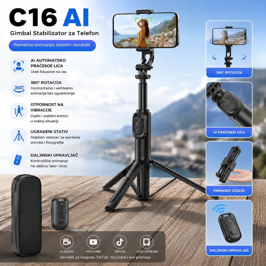 C16 AI Gimbal Stabilizator za Telefon – Automatsko Praćenje Lica, 360° Rotacija, Stativ i Daljinski Upravljač