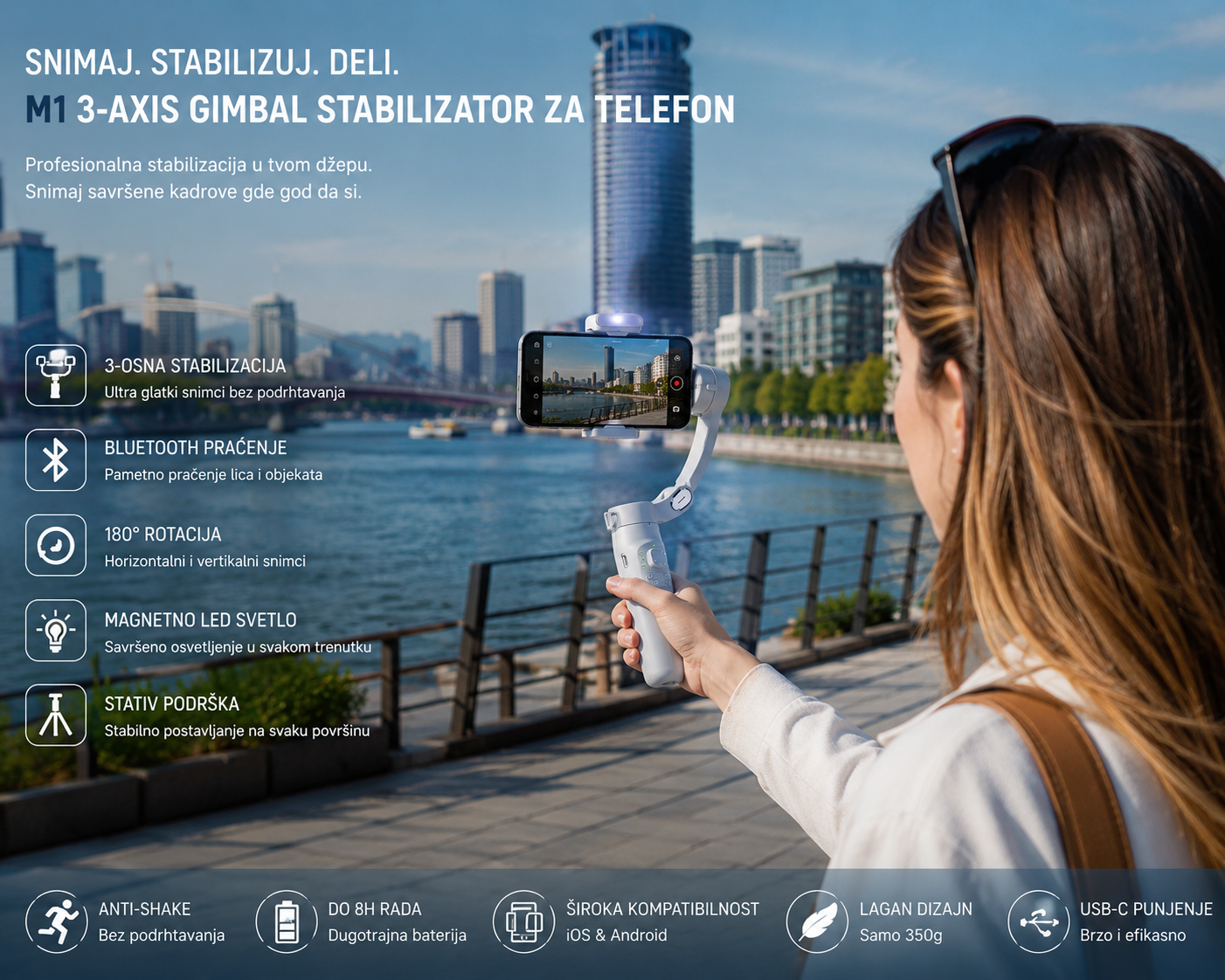 M1 3-Osni Gimbal za Telefon – Stabilizator sa Bluetooth Praćenjem, LED Svetlom i Stativom