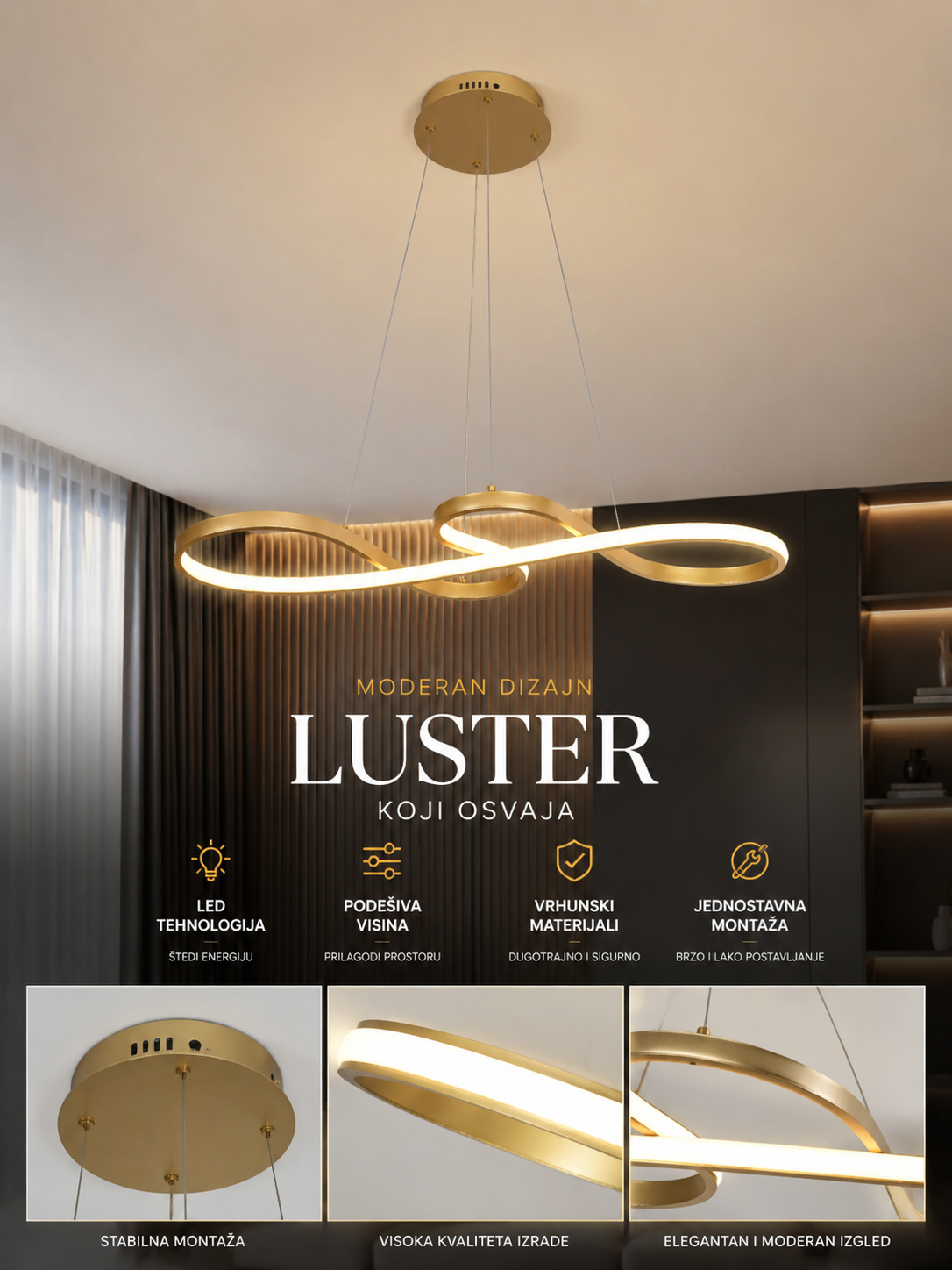 Luksuzni LED Infinity Luster Zlatni – Moderan Dizajn za Elegantni Enterijer