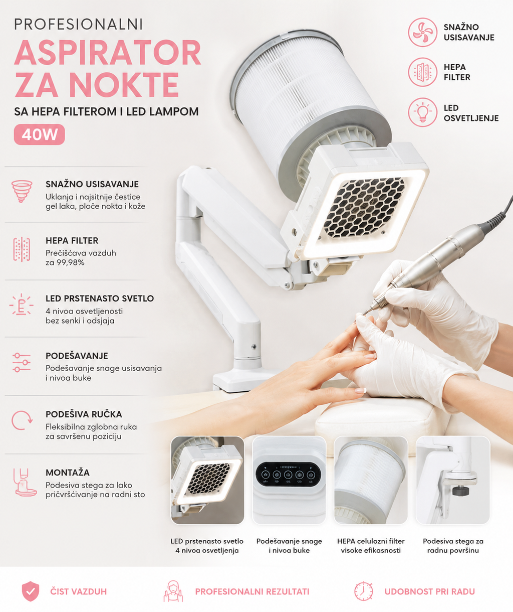 Aspirator za Manikir i Pedikir 40W – Profesionalni Usisivač Prašine sa HEPA Filterom i LED Osvetljenjem