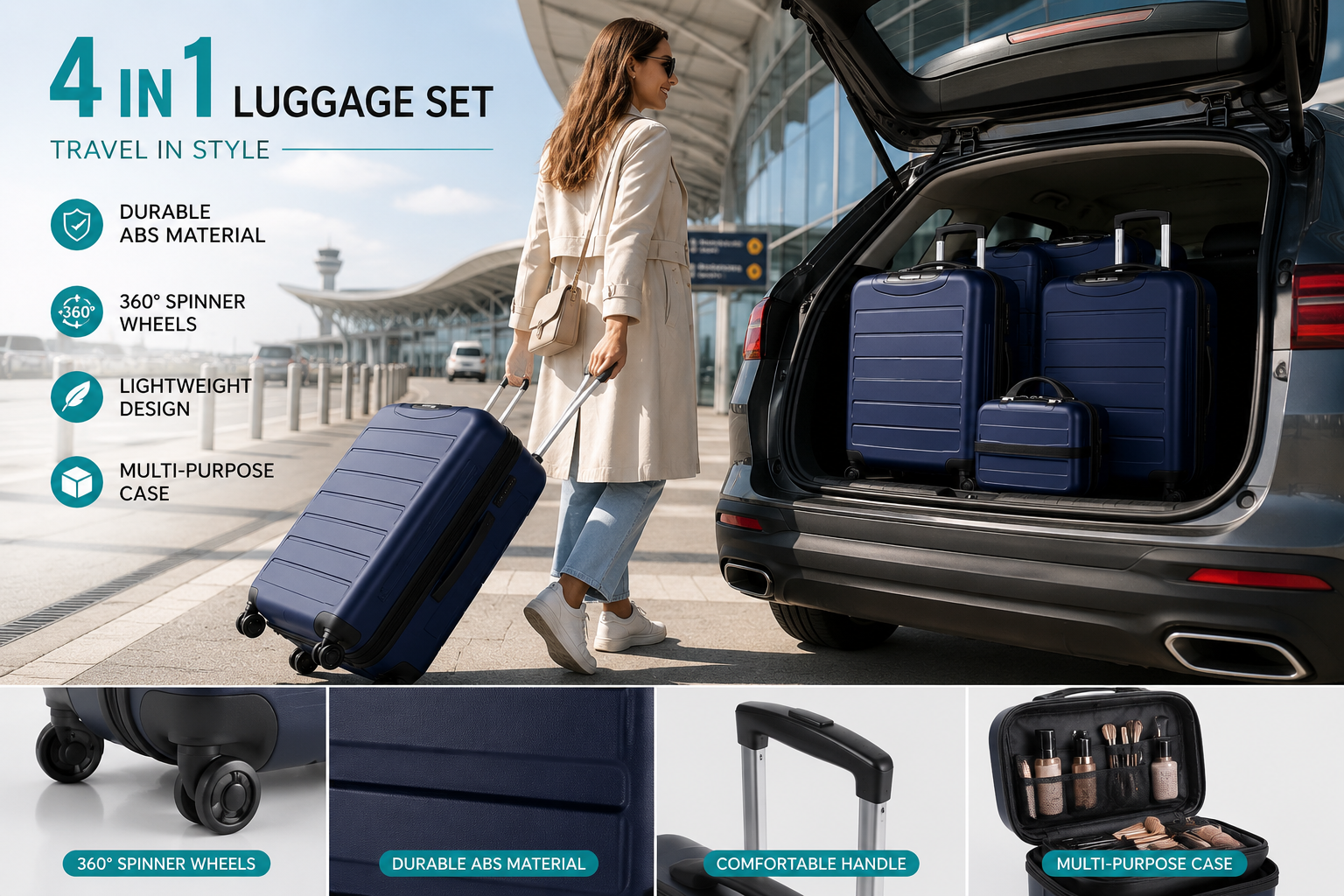 Premium Travel Set 4u1 – 3 ABS Kofera sa Točkićima + Beauty Kozmetički Kofer