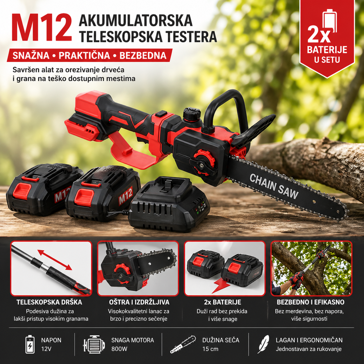 M12 Akumulatorska Teleskopska Testera – Bežična Testera za Grane sa 2 Baterije | Snažna i Praktična