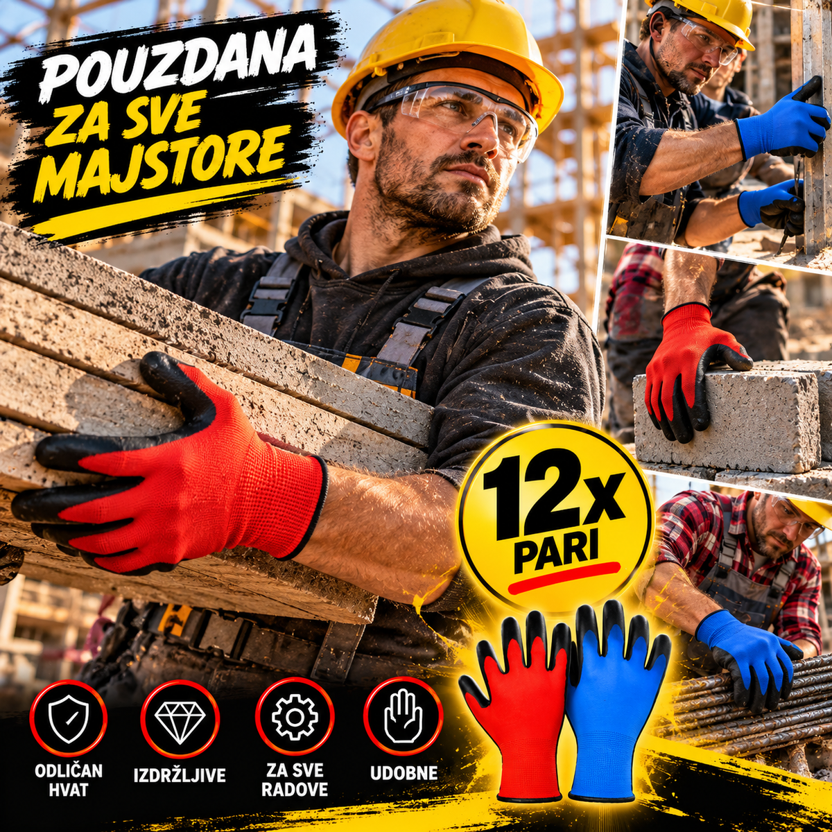 Radne Rukavice – Pakovanje 12 Pari | Zaštitne Rukavice za Rad i Gradilište