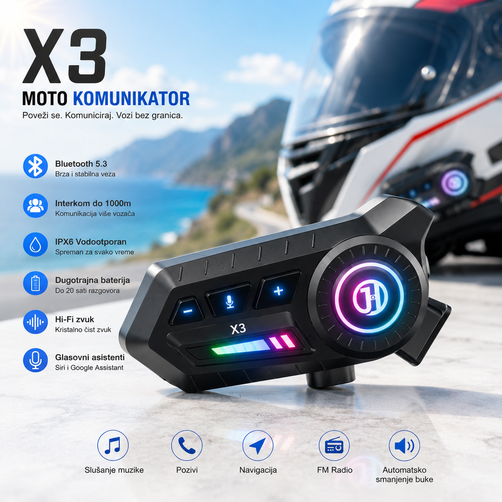 X3 Bluetooth Komunikator za Moto Kacigu – Handsfree Slušalice za Vožnju i Pozive