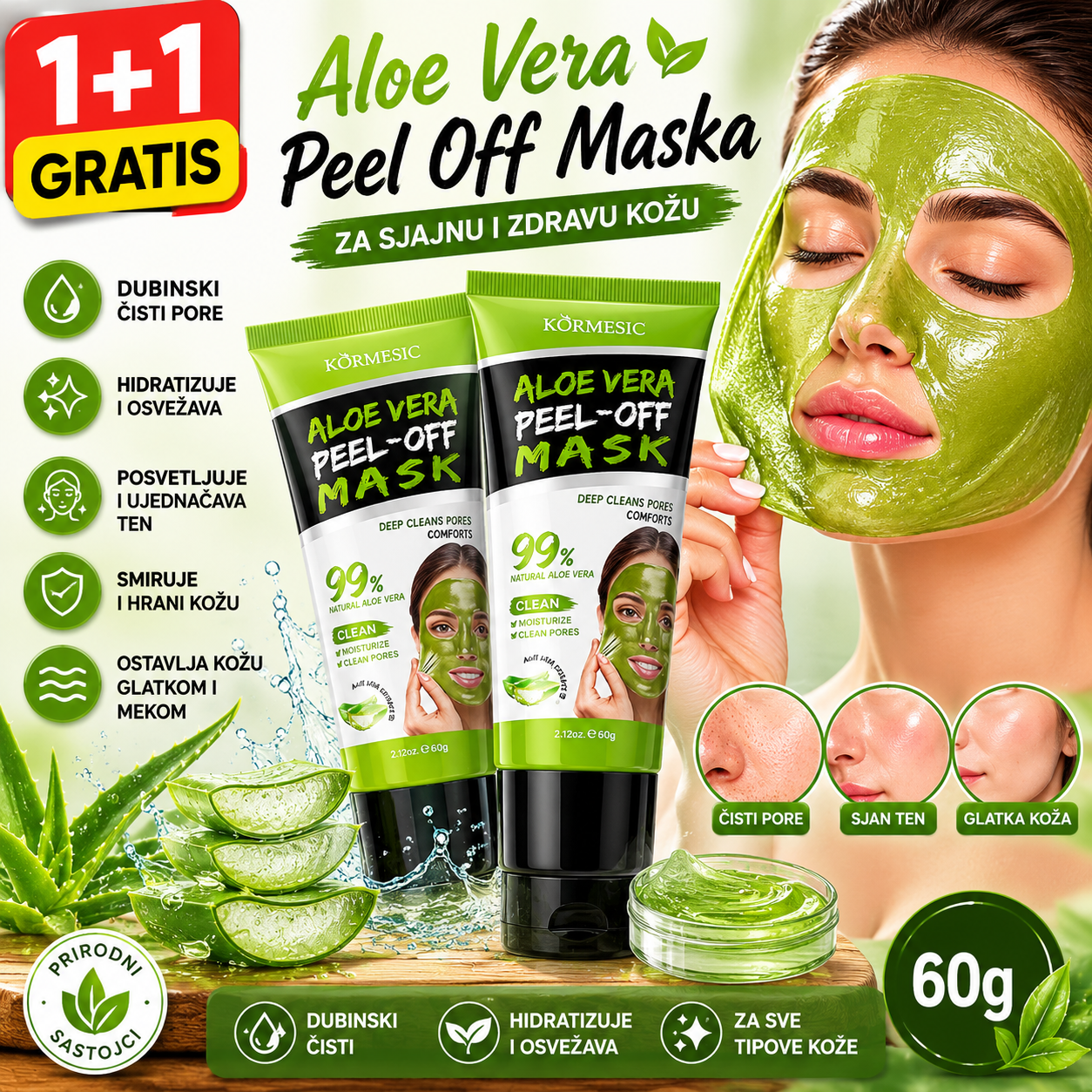 1+1 GRATIS Aloe Vera Peel Off Maska za Lice 60g – Hidratantni Gel za Sjajnu, Glatku i Dubinski Očišćenu Kožu