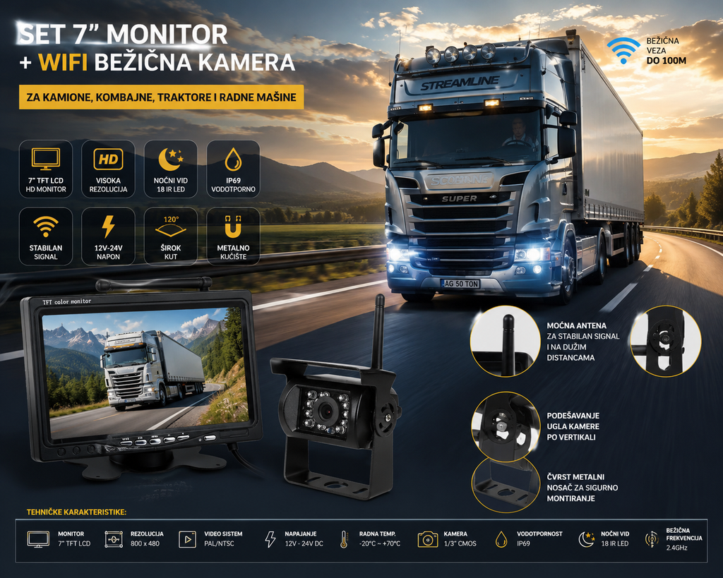 7" Monitor i WiFi Bežična Kamera za Kamion i Kombajn – HD Sistem za Rikverc i Nadzor