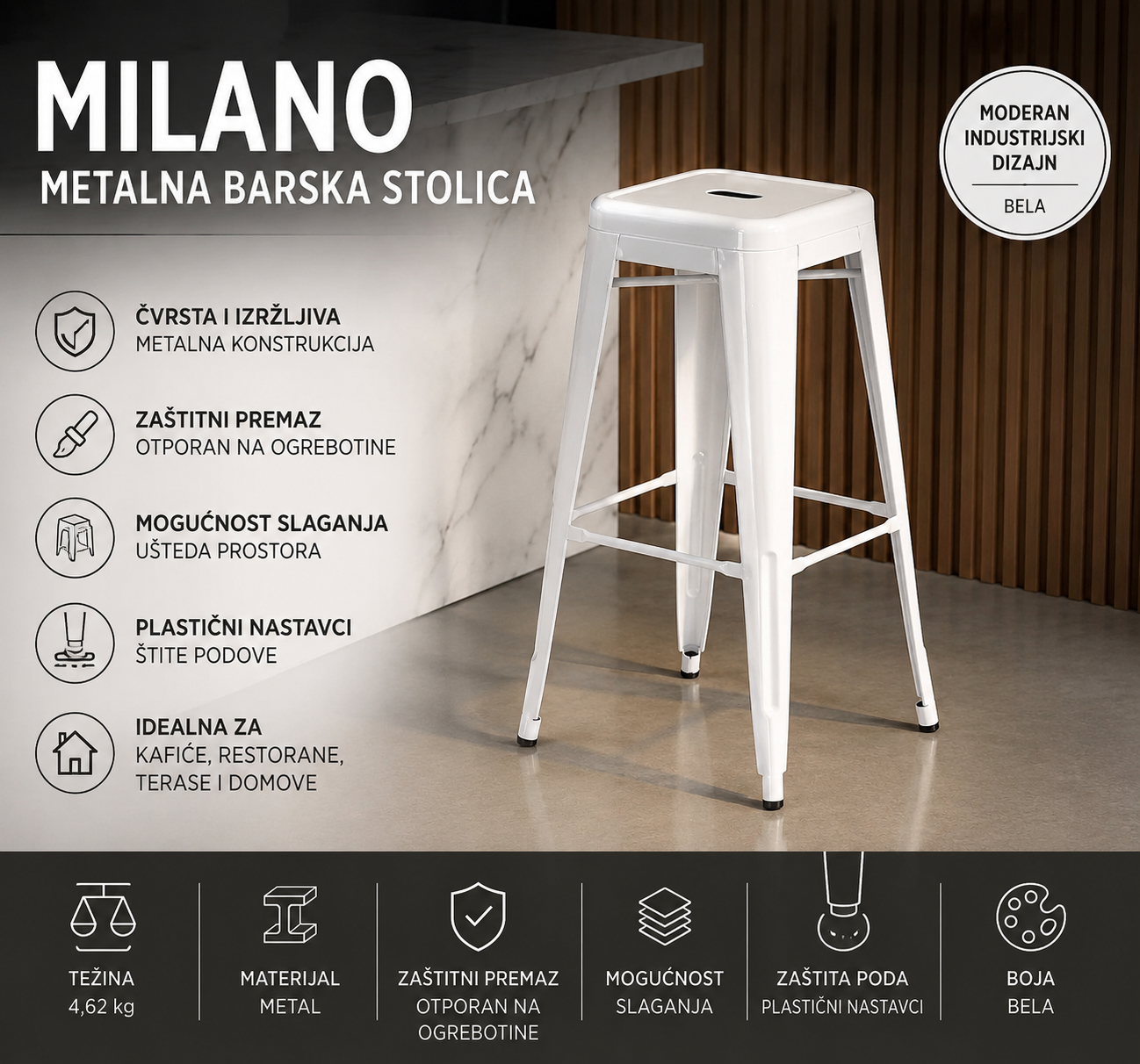 Milano Metalna Barska Stolica – Moderna Industrijska Stolica za Kuhinju, Šank i Kafiće
