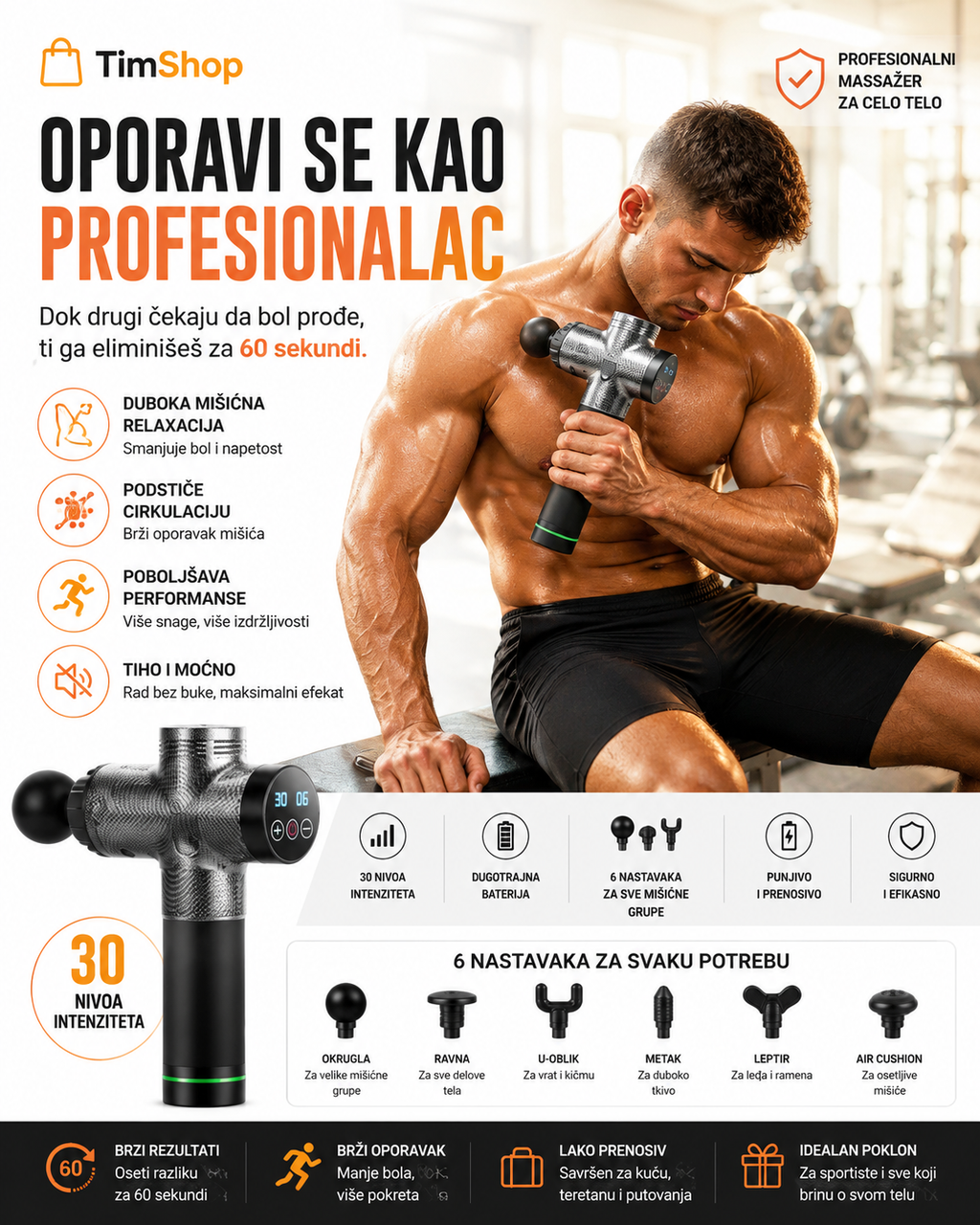 Profesionalni Pištolj za Masažu CARBON – 30 Brzina, 2400 mAh, Električni Masažer za Mišiće i Opuštanje