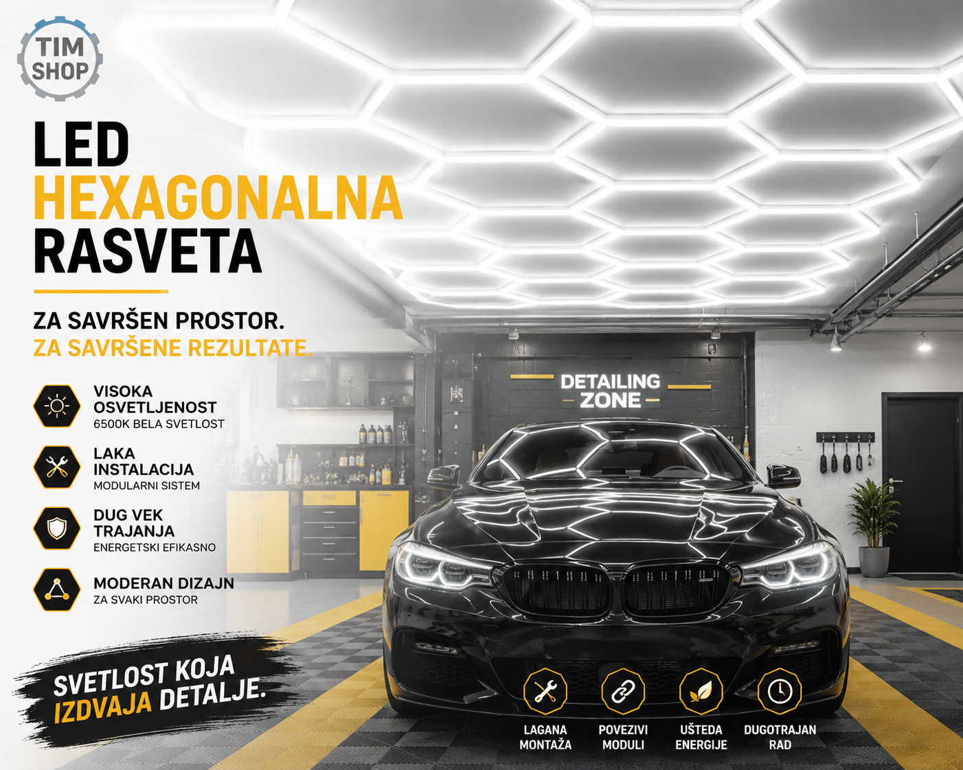 LED Hexagonalna Rasveta za Garažu 168W – Saćasta Plafonska Rasveta za Auto Detailing