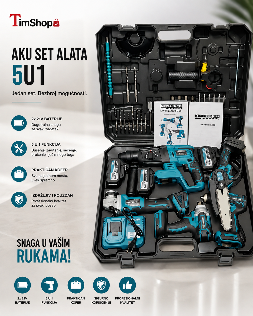 Aku Set Alata 5 u 1 – Bušilica, Brusilica, Testera i Višenamenski Aku Alat sa Koferom