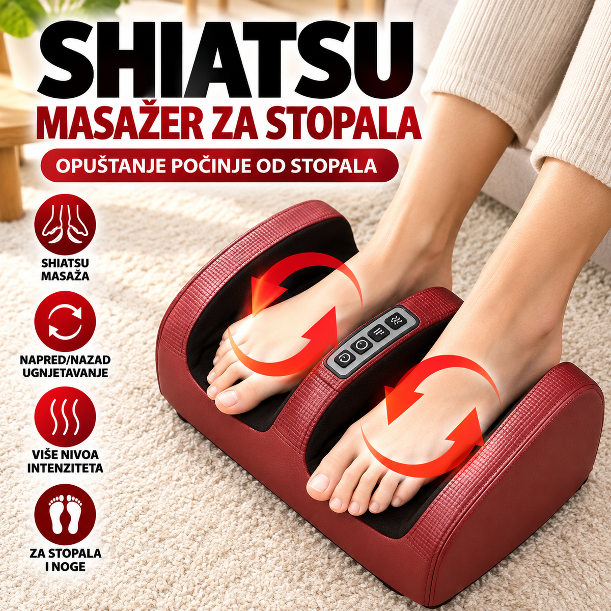 Shiatsu Masažer za Stopala i Noge – Električni Masažer sa Funkcijom Gnječenja i Opuštanja